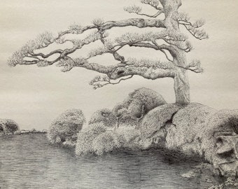 Bonsai-Baum und See, Tuscheskizze, Originalzeichnung,
