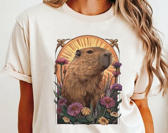 Floral Capybara T-Shirt, Comfort Colors Graphic Tee, Animal Lover Gift