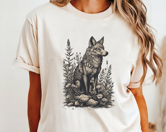 Vintage Wolf Graphic T-Shirt, Forestcore Lino Print Tee