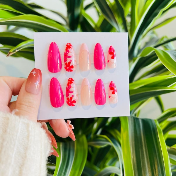 24 Pcs Pink Flowers Press On Nails, French Tips, Long Nails, Almond Nails, Nail Kit, Gift for Her, Glue On Nails, Fake Nails, Spring Nails