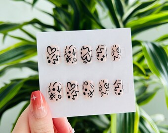 24 Pcs Graffiti Press On Nails, Short Nails, Square Nails, Fake Nails, Nail Kit, Glue On Nails, Press On Nails, Gift for Her