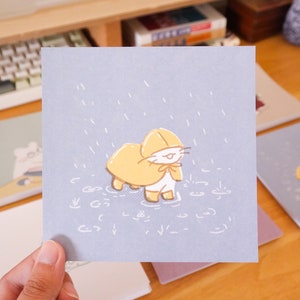 Regenmantel Katze kleiner Kunstdruck Postkarte