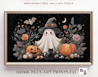 Samsung Frame TV Halloween Art, Ghost and Black Cat Wall Decor, Fall Cottagecore Printable, Dark Autumn Home Decor, Digital Download, TV375