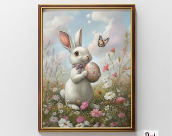Cute Easter Bunny Print Easter Rabbit Neutral Spring Flower Printable Art Easter Bunny & Egg Nursery Wall Art Easter Home Decor, W34
