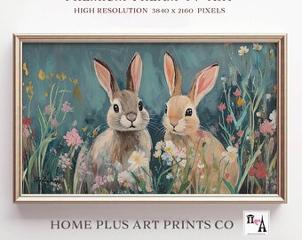 Bunnies in Wildflower Field TV Frame Art Spring Bunny Rabbits Vintage Easter Frame TV Art Farmhouse Decor Bunny Painting Nursery, TV260