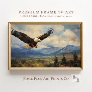 Könnte beinhalten: Gerahmtes Landschaftsgemälde mit einem Weißkopfseeadler im Flug über einem Gebirge. Das Kunstwerk hat einen goldenen Rahmen und enthält den Text "PREMIUM FRAME TV ART" und "HOME PLUS ART PRINTS CO". Der Adler ist braun und weiß.