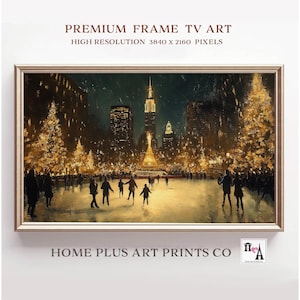 Christmas Frame TV Art, Christmas Cityscape Samsung Frame TV Art, New York City Ice Skating Rink Painting, Winter Night Skating Rink, TC95