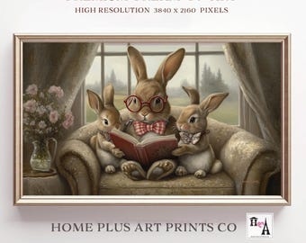Easter Frame TV Art Samsung Frame TV Cute Easter Bunny Frame TV Easter Rabbit Reading Book Painting Tv Art Vintage Nursery Easter Art, TV276