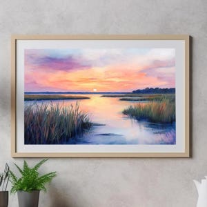 Pastel Marsh Sunset Landscape Painting,Carolina Lowcountry Coastal Painting Wall Art Print, Pink Beach House Printable Digital Download, W52