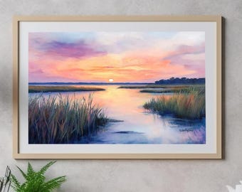 Pastel Marsh Sunset Landscape Painting,Carolina Lowcountry Coastal Painting Wall Art Print, Pink Beach House Printable Digital Download, W52