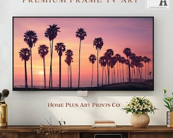 Samsung フレームテレビアート サンセット、海岸のヤシの木のテレビアート、フレームテレビ用サンセットビーチアート、海岸の壁アート、カリフォルニア海岸のサンセットテレビアート、TV065