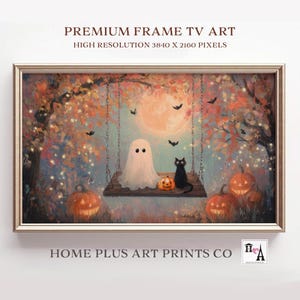 May include: A digital art print in a gold frame featuring a ghost and a black cat sitting on a wooden swing under a large moon. The scene includes orange pumpkins, autumn trees with glowing lights, and flying bats. Text reads PREMIUM FRAME TV ART.