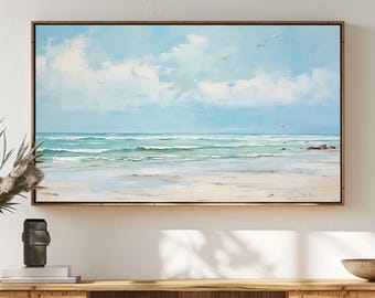 サムスンフレームTVアートビーチ、ヴィンテージビーチペインティングフレームTVアート、海の波海景TVアート、沿岸農家の装飾サマーTVアート、TV035