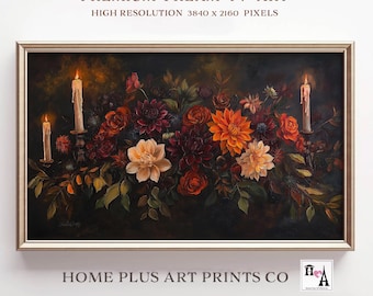 Fall Floral Frame TV Art, Vintage Fall Dark Moody Flower Painting, Rustic Autumn Farmhouse Decor, Thanksgiving Tv Art,Floral Art, TC97