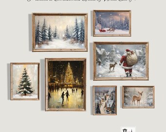 Printable Christmas Wall Art,Christmas Print Set of 7 Winter Wall Arts,Holiday Digital Art,Vintage Winter Holiday Gallery Wall Prints, W9