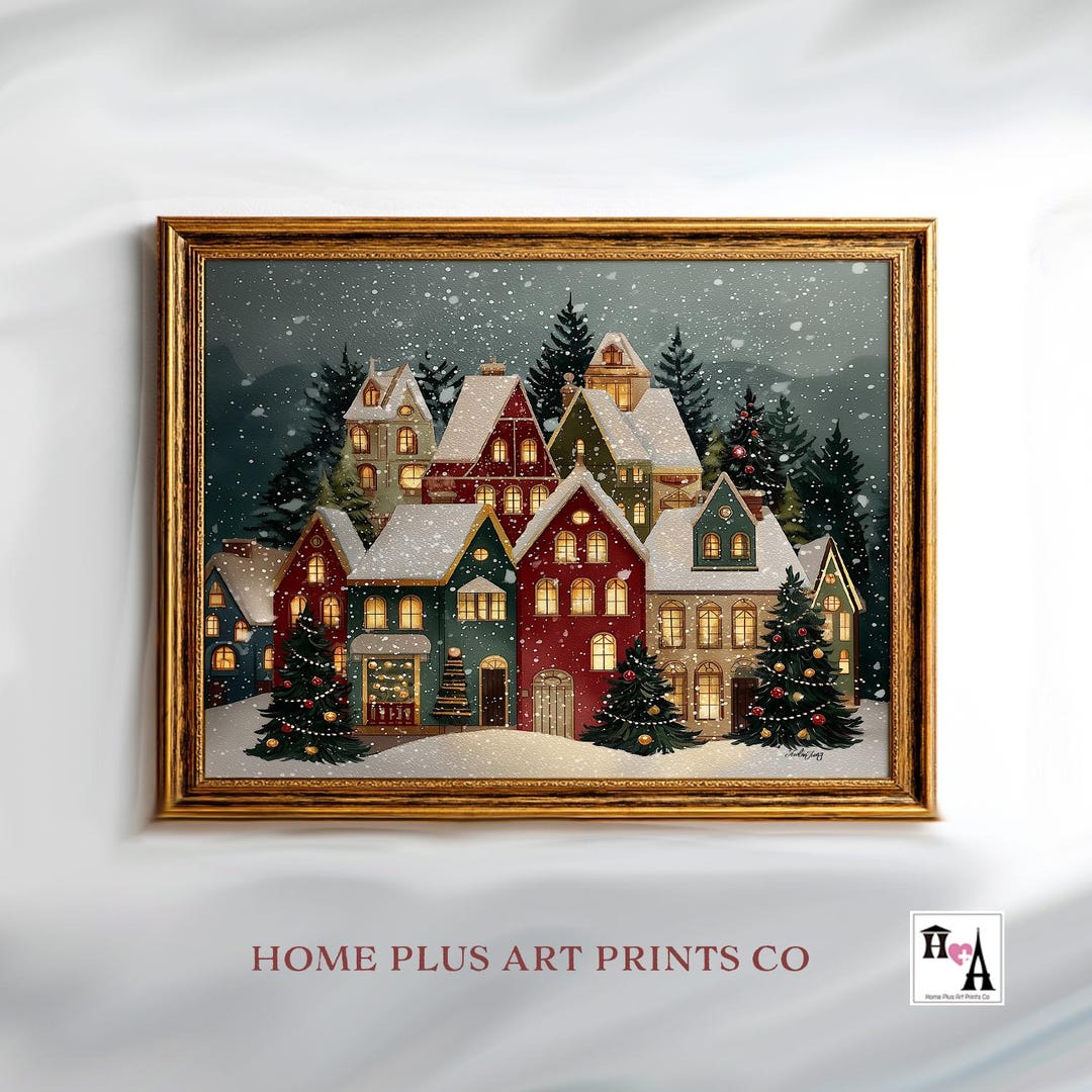 Christmas Winter Village Print, Snowy Town Landscape Wall Art, Festive ...