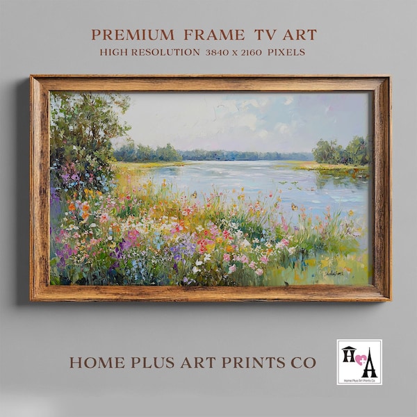Frame TV Art, Wildflower River Landscape Painting, Impasto Impressionism Artwork for The Frame TV, Spring Art  Digital Download, TV309