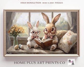 Easter Frame TV Art Samsung Frame TV Cute Easter Bunny Frame TV Easter Rabbit Reading Book Painting Tv Art Vintage Nursery Easter Art, TV278