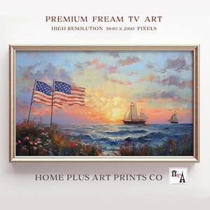 4th of July Frame TV Art, Independence Day TV Art, Patriotic Sailboat Painting, Vintage Style American Flag, Summer Coastal Americana, TV318