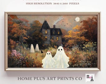 Haunted House Samsung Frame TV Digital Art Printable Ghost Family in Vintage Landscape Halloween Frame TV Art, Autumn spooky TV Art, TV399