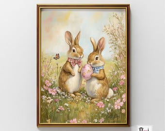 Cute Easter Bunny Print Easter Rabbit Neutral Spring Flower Easter Bunny & Eggs Nursery Wall Art Easter Printable Wall Art Home Decor, W33