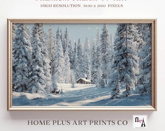 Winter Frame TV Art, Snowy Pine Forest Cabin Painting Samsung Frame TV Art, Christmas Holiday TV Art Digital download, TV479