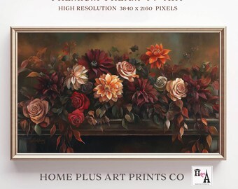 Fall Floral Frame TV Art,Dark Moody Flower Painting, Vintage Fall Flowers, Rustic Autumn Decor, Thanksgiving Samsung Frame Tv Art, TV233