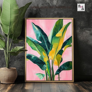 Colorful tropical leaves printable art, Modern botanical wall art print,Pink Tropical Plant Painting, Banana leaf tropical digital print,W54