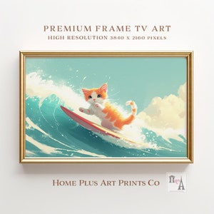 Ramka Samsung Surfing Cat TV art, Zabawna sztuka TV ze zwierzętami, Surf Cat Wall Art, Sztuka oceaniczna, Rysunek z kreskówki Surf, Sztuka ścienna Kitty, Pobieranie cyfrowe, TV0168
