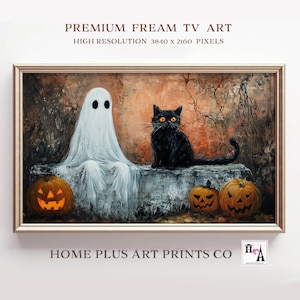 May include: A painting of a white ghost and a black cat sitting on a stone ledge. There are three jack-o'-lanterns in front of them. The background is a dark, overgrown forest. The painting is framed in a gold frame.
