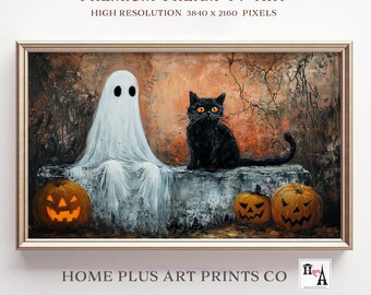 Samsung Frame TV Art Fantasma e Gato Preto Estilo Vintage Arte, Neutro Halloween Samsung Frame TV Art Pintura a Óleo Texturizada Assustadora, TVH122