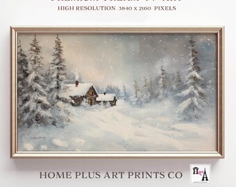 Arte de TV con marco de invierno Samsung, pintura de paisaje de bosque nevado vintage, arte de cabaña de invierno para TV con marco, arte de pared navideño, arte digital festivo, TC50