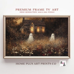 May include: A digital painting of a spooky cottage with two white ghosts in a field of flowers. The cottage has lit windows and is surrounded by trees. The painting has a dark, mysterious atmosphere.