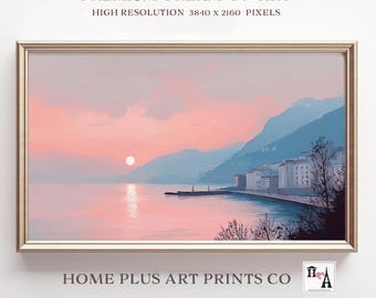 Coastal Frame TV Art, Coastal Harbor Samsung Frame TV Art,Costal pink Sunset Landscape Painting, Nautical Ocean View Digital Download, TV341