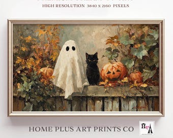 Moldura de Halloween para TV, arte fantasma e gato preto, estilo vintage, moldura de Halloween para TV Samsung, pintura a óleo texturizada assustadora, impressões de Halloween, TV394
