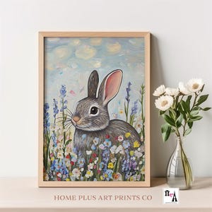 Easter Wall Art Spring Bunny Rabbit in Wildflower Field Printable Easter Home Decor Vintage Easter Art Rabbit Painting Spring Print, W17