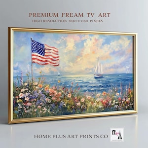 Independence Day Frame TV Art, Patriotic Sailboat Painting 4th of July TV Art, Vintage Style American Flag, Summer Coastal Americana, TV322