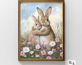 Vintage Easter Bunny Couple Wall Art Easter Printable Art Romantic Couple Bunny Print Rabbit Lovers Gift Print Easter Home Decor, W36