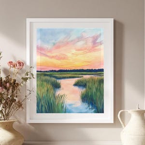 Marsh Sunset Landscape Painting, Watercolor Pastel Marsh Sunset print, Coastal Art Print, Landscape Wall Art Digital Download, W48