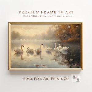 Samsung Frame TV Art, Swan Foggy Lake Frame TV Art, Arte del paisaje vintage, Lago brumoso de la mañana, Pintura al óleo de cisne vintage, Descarga digital, TV0173