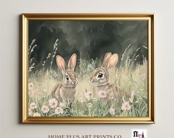 Printable Easter Bunny Wall Art  Watercolor Easter Rabbits Print Spring Wildflowers Painting, Vintage Style Easter Art Home Decor, W38