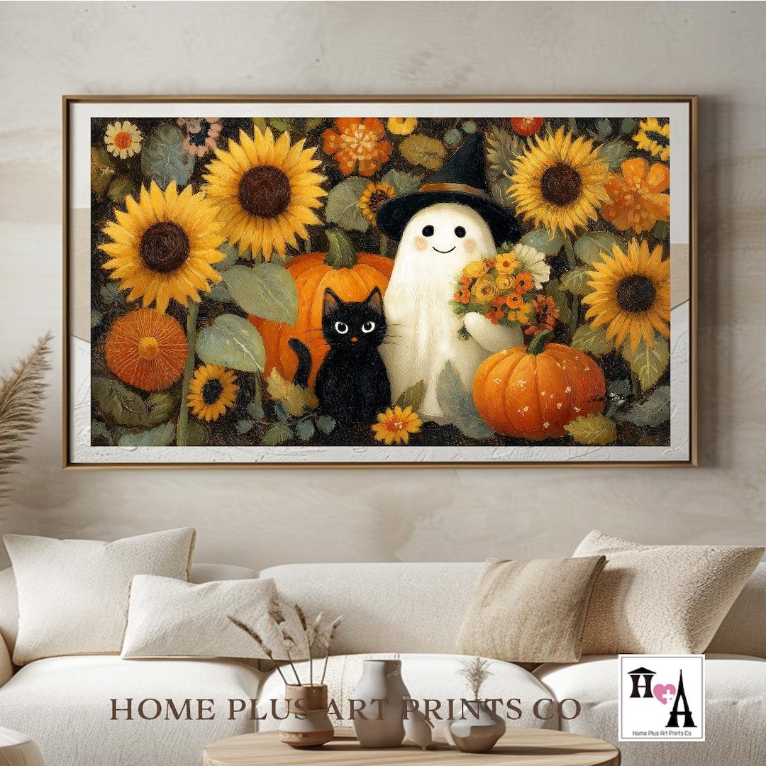 Halloween Frame TV Art Cute Ghost & Black Cat in Sunflower Field ...