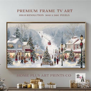 Cuadro navideño para TV, Arte para TV con marco de Samsung: Paisaje nevado de un pueblo de esquí, Arte navideño invernal para TV, Descarga digital de decoración navideña de pared, TV495