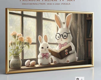 Cute Bunny Samsung Frame TV Art Easter Frame TV Art  Easter Bunny Rabbit Reading Book Painting Tv Art Vintage Nursery Easter TV Art, TV277