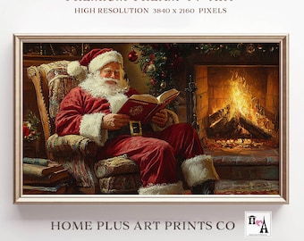 Art mural de Noël, vintage Santa lecture livre peinture cadre TV Art, art mural vintage Santa, art mural Noël, art numérique vacances, TC10