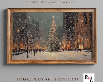 Vintage Christmas Tree Frame TV Art, Vintage Warm Town Painting, Dark Moody Christmas night Samsung Frame TV Art, Digital Download, TV502