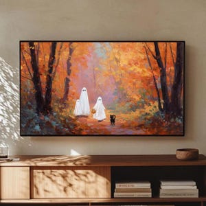 Halloween Frame TV Art,Ghost Family in Vintage Landscape Frame Tv Art,Fall Halloween Frame TV art,Autumn Spooky Painting Art Download, TV369