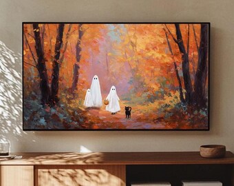 Cornice TV di Halloween, Cornice TV con famiglia di fantasmi in un paesaggio vintage, Cornice TV autunnale di Halloween, Download di dipinti spettrali autunnali, TV369