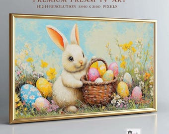 Süßer Osterhase Samsung Rahmen TV Kunst, Frühling Osterdekoration, Frühling Wildblumen Gemälde Vintage Ostern TV Kunst, digitaler Download, TV256