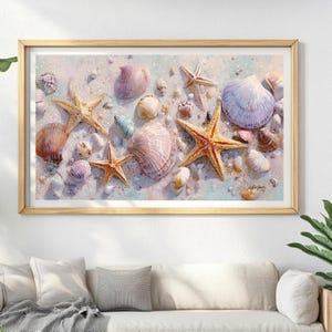 May include: A framed print featuring a collection of seashells and starfish on a sandy beach. The artwork showcases various sizes and colors of seashells, including pink, purple, and white, alongside several orange starfish. The overall theme is coastal and nautical.